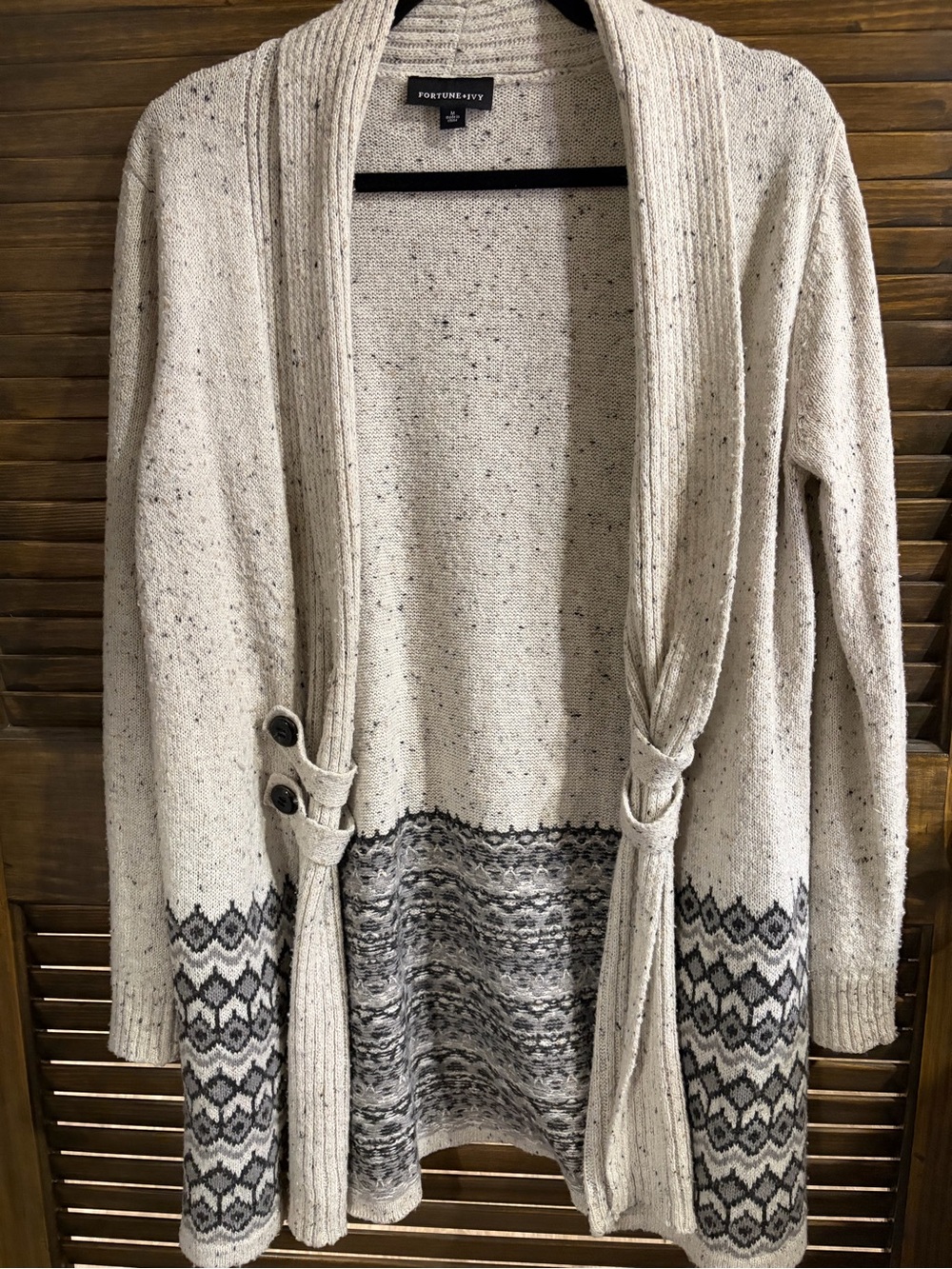 Fortune + Ivy Cream Speckled Open-Front Knit Cardigan with Patterned Hem